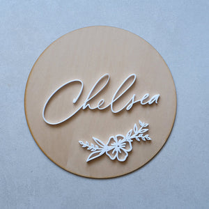 Wooden Acrylic Round Name Sign With Flower