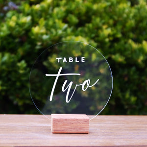 Hire Me: Acrylic Round Modern Table Number Sign + Stand - FoxAndHart