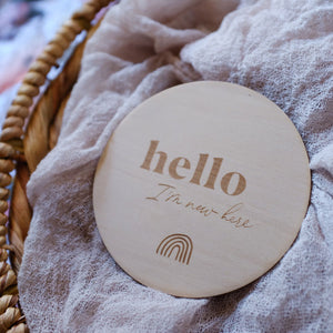 Wooden 'Hello I'm New Here' Baby Announcement Plaque, Rainbow