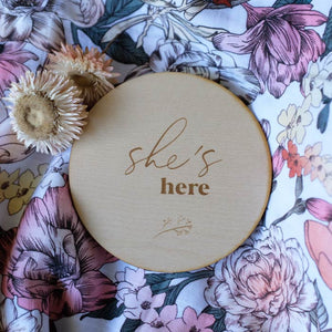 Wooden She's Here Announcement Plaque