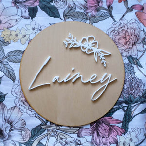 Wooden Acrylic Round Name Sign With Flower